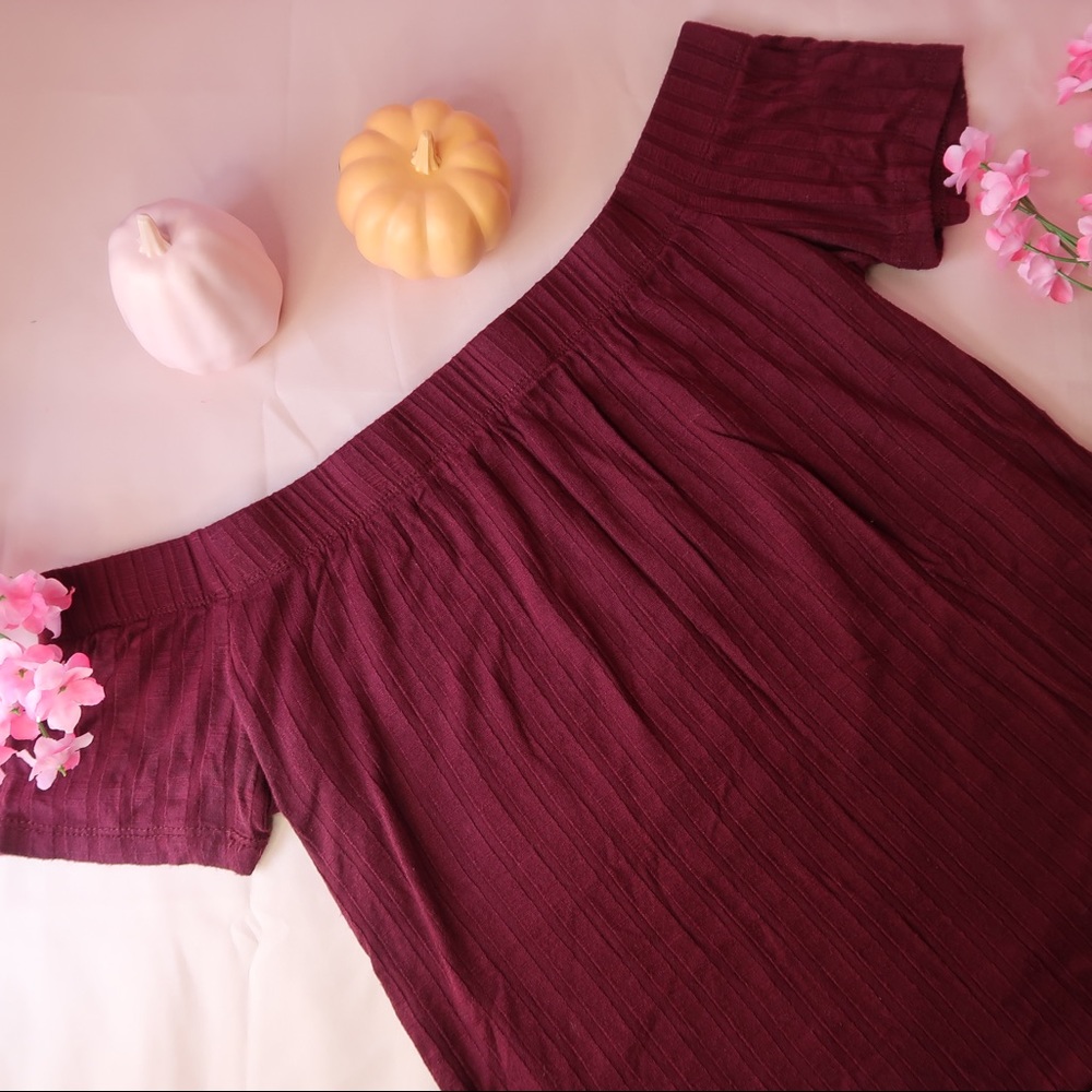 Burgundy Ribbed Off The Shoulder Women Casual Top